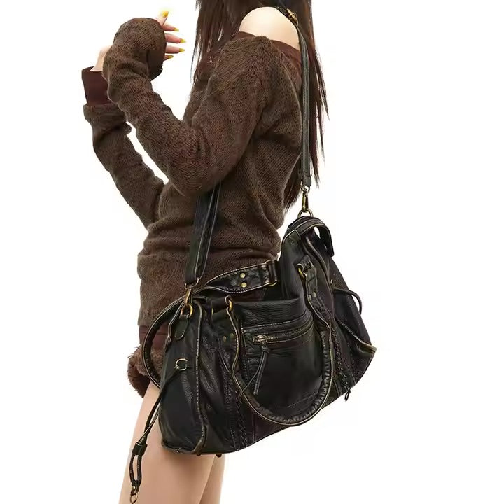 Vintage Look Schultertasche Damen mit Reißverschluss