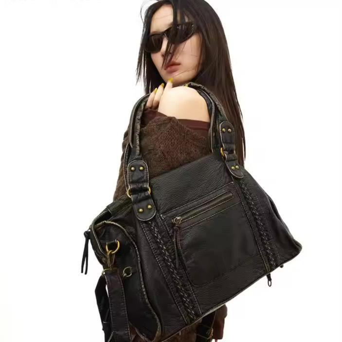 Vintage Look Schultertasche Damen mit Reißverschluss